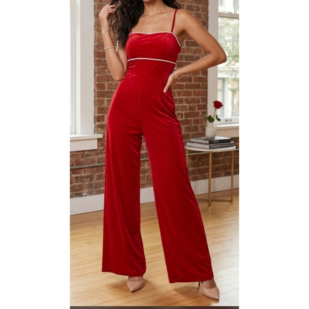 Madden Girl velvet jumpsuit with thin straps and pearl trim detail WideLeg Sz L